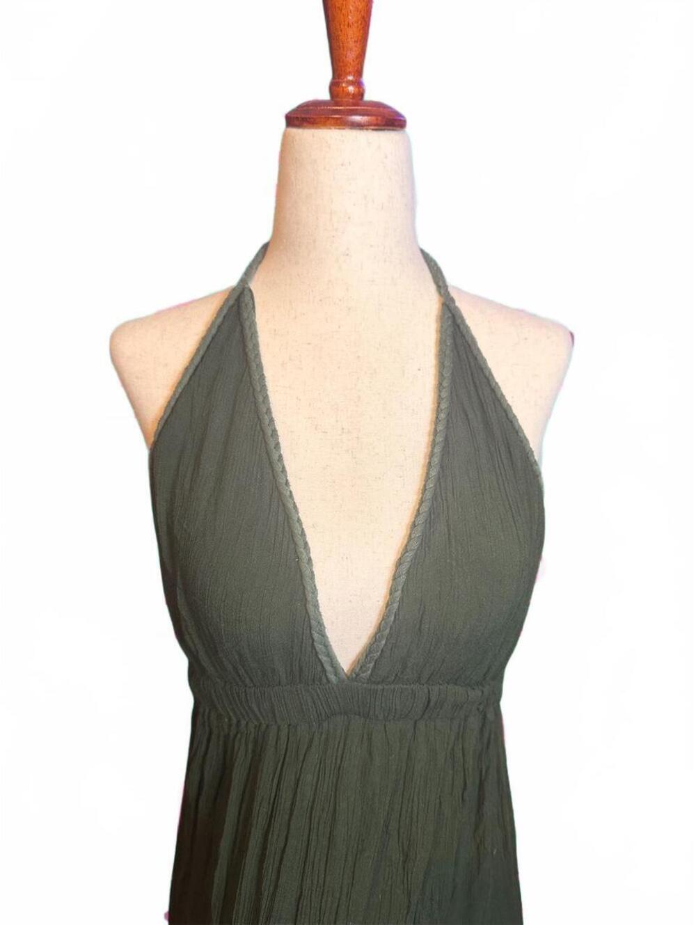 Green Halter Neck Maxi Dress with Deep V-Neck